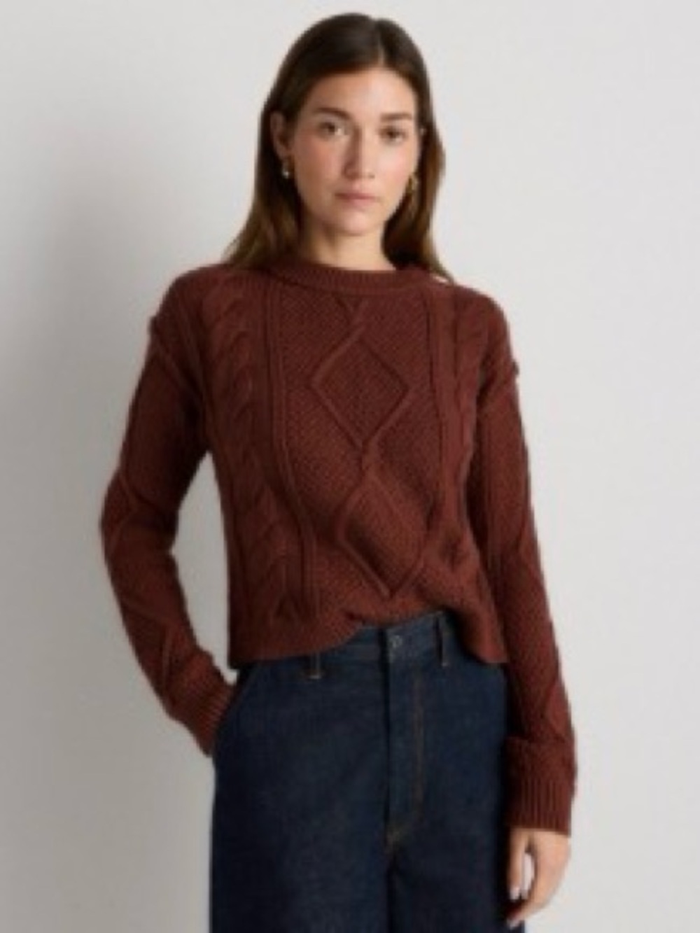 Quince Rust Brown Cable Knit Crew Sweater